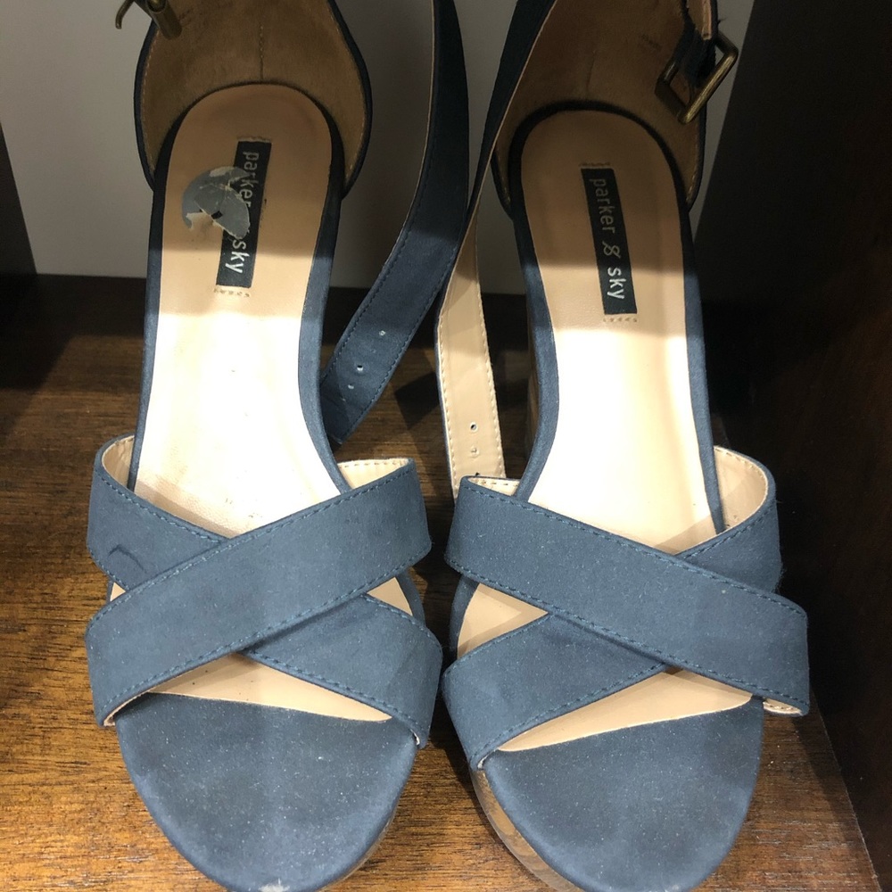 Blue Suede Wooden Wedges